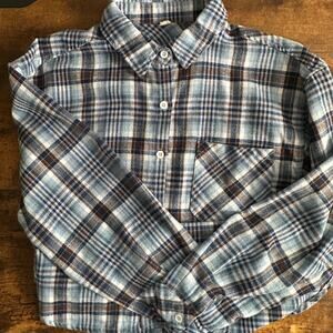 Womens Flannel Plaid Shirt Large Blue Brown Cotton Western Cowgirl Farmcore EUC